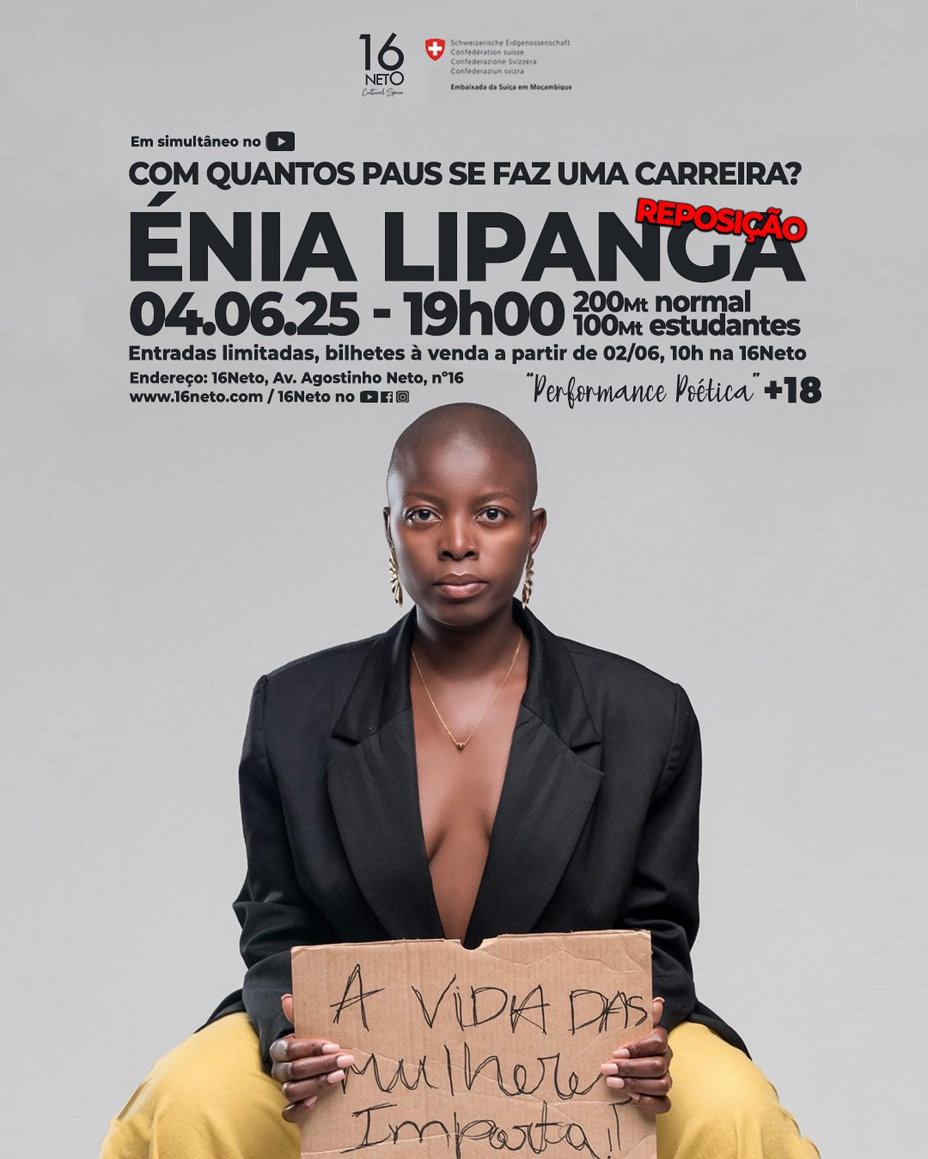 Énia Lipanga volta ao palco com “Com Quantos Paus Se Faz Uma Carreira?” no 16Neto